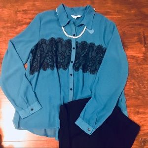 NWT Bright Blue Button Up Shirt with Black Lace